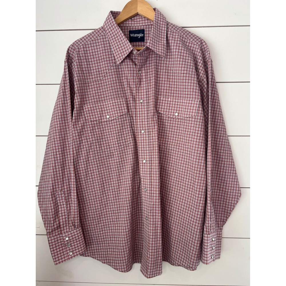 Wrangler Mens XXL Rust Red Plaid Western Pearl Snap Shirt Long Sleeve Cowboy